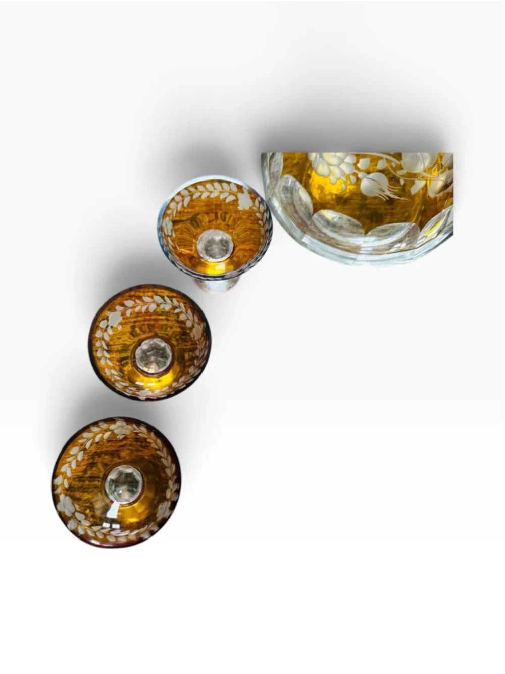 Antique Vintage 7 Pc Set Amber Bohemian Glass Cut Glass Beautiful Floral Designs